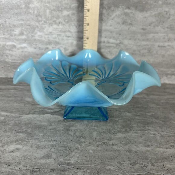 Northwood Blue Opalescent Ruffled Candy‎ Dish Shell Design Square Pedestal Base - Picture 2 of 16